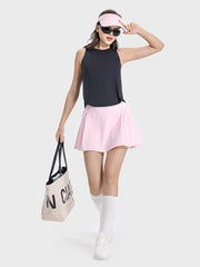 a woman in a short pink skirt carrying a bag