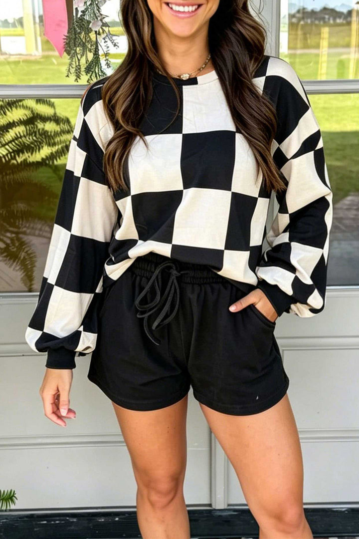 Checkerboard Plaid Long Sleeve Solid Color Shorts 2pcs Set
