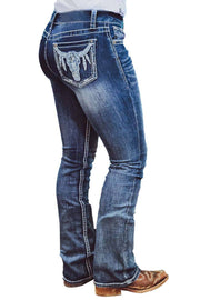 a woman's jeans with a cow on the back