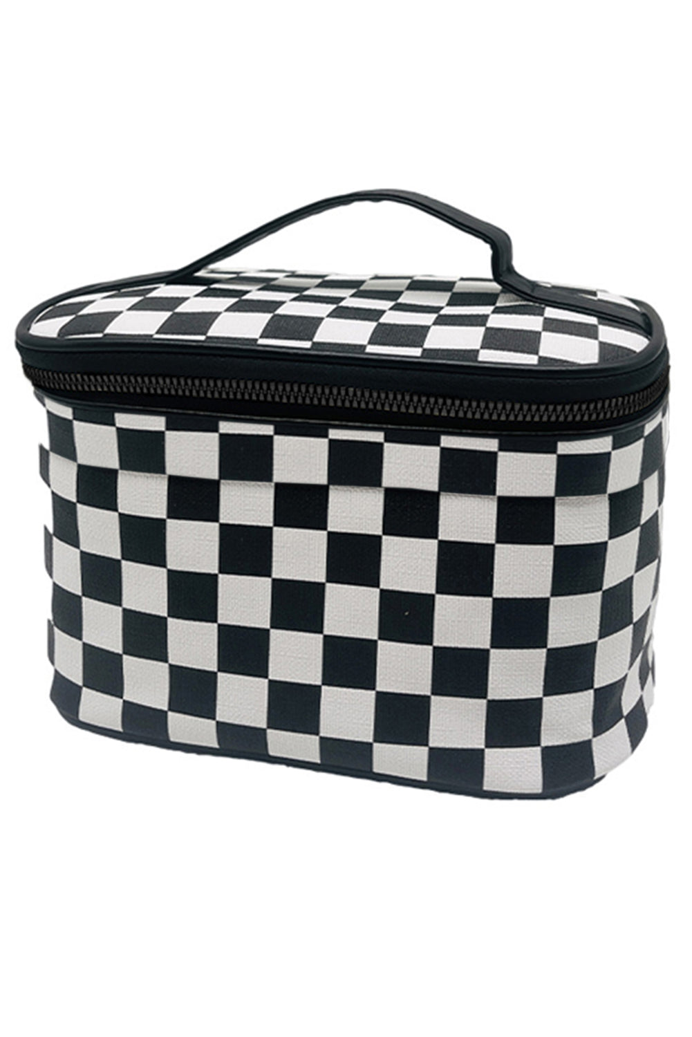 Black Checkered Zipper Large Cosmetic Bag with Handle