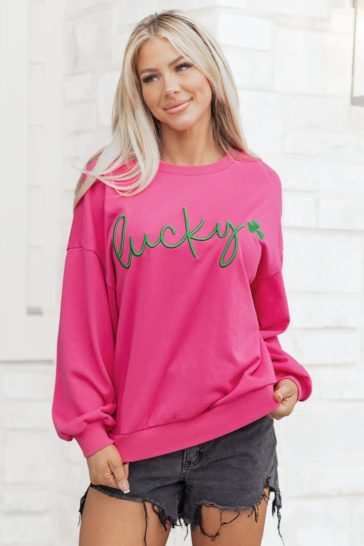 Rose Red Lucky Clover Embroidered Loose Pullover Sweatshirt
