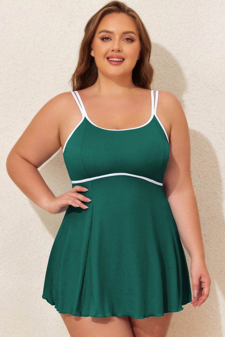 Plus Size Ribbed Contrast Trim Adjustable Straps 2pcs Swimsuit