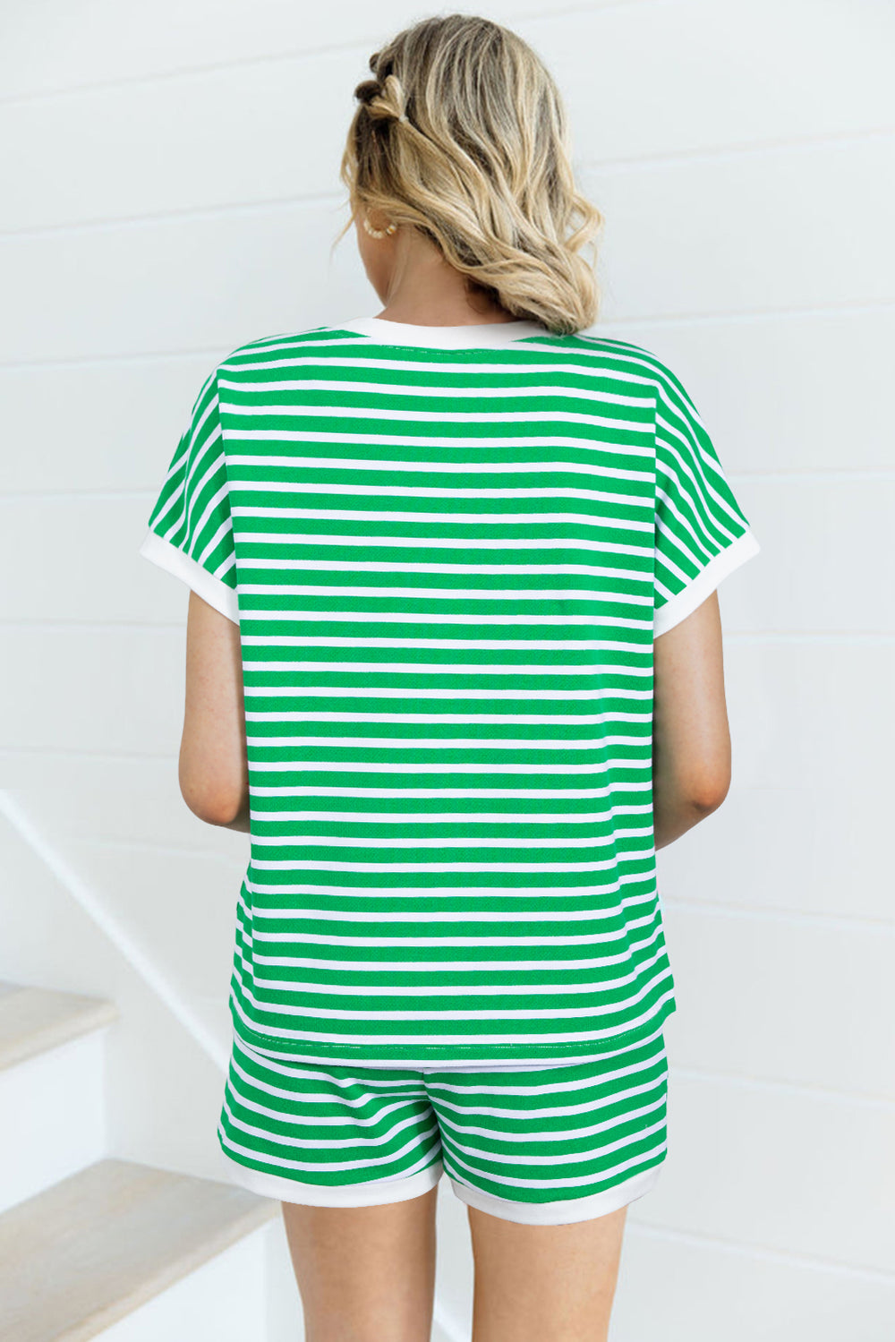 Back view of Dark Green Striped Cap Sleeve Tee and Shorts Set, perfect for daily wear and summer comfort from Faith & Co. Boutique.