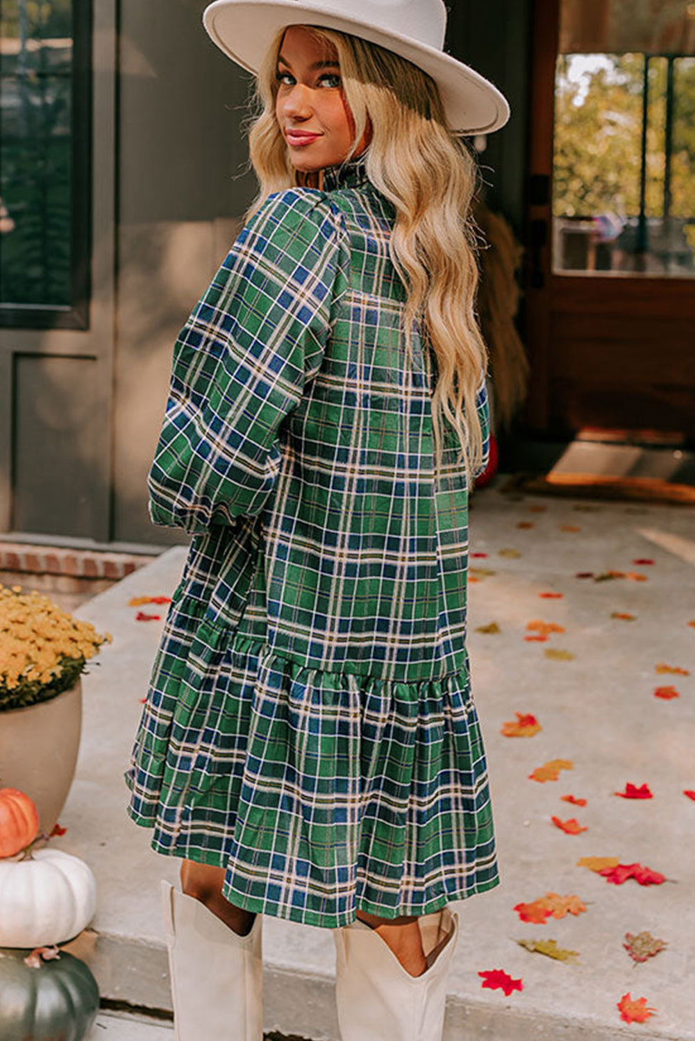 long sleeve shift mini dress Women's Brown Check Frill Long Sleeve Shift Mini Dress