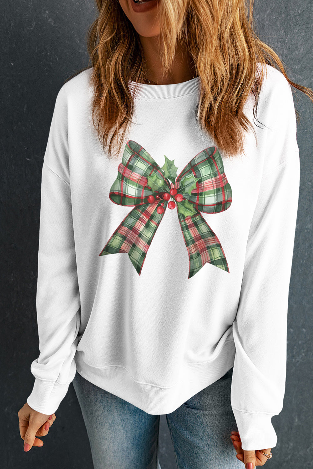 Beige Plaid Bow Graphic Christmas Crewneck Sweatshirt