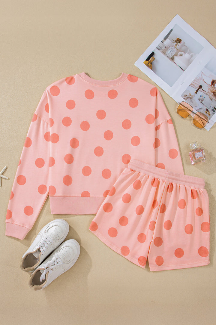 Polka Dot Print Drop Shoulder Pullover Drawstring Shorts Set