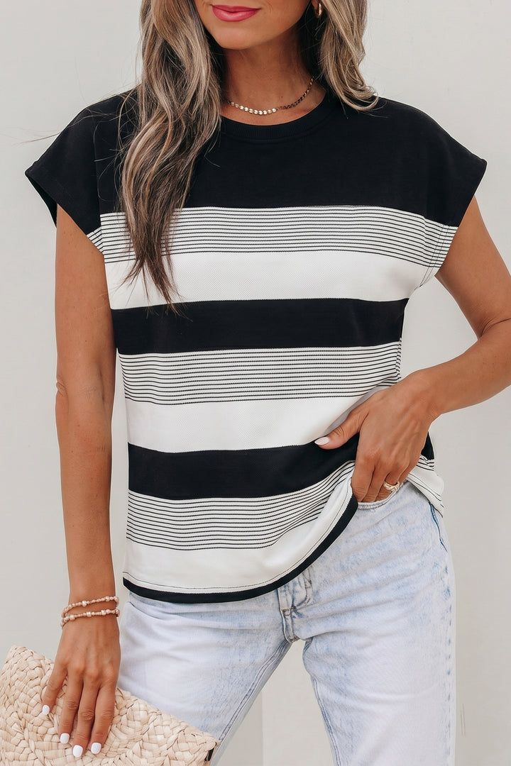 Stripe Mixed Print Crew Neck Cap Sleeve T Shirt
