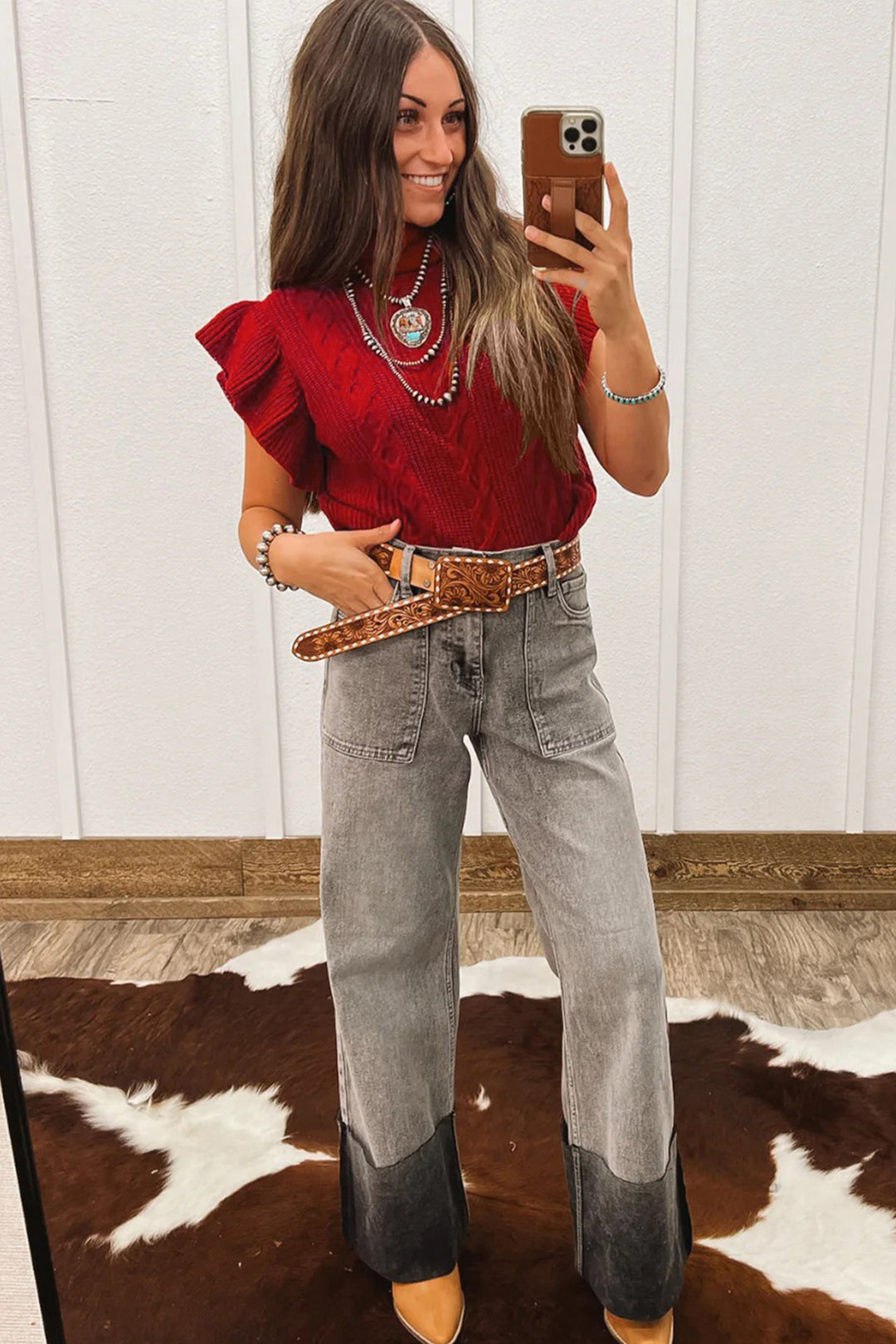Cable Knit Turtleneck Ruffled Short Sleeve Sweater