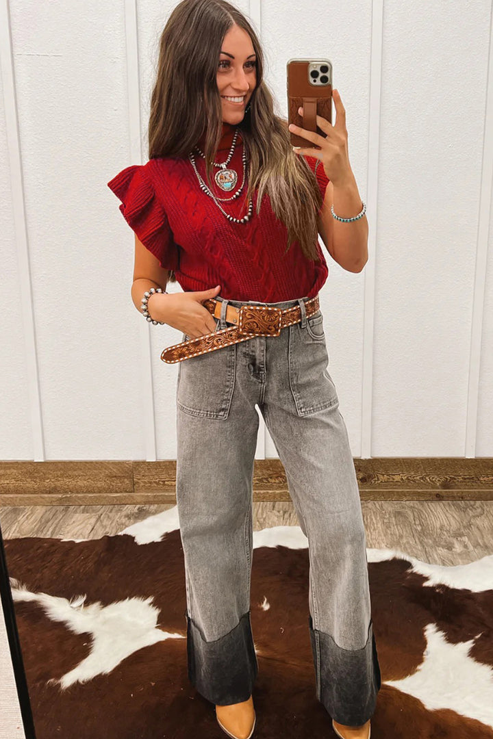 Cable Knit Turtleneck Ruffled Short Sleeve Sweater