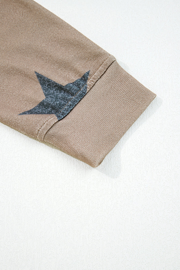 Khaki Retro Star Print Loose Long Sleeve Drawstring Wide Leg 2pcs Lounge Set