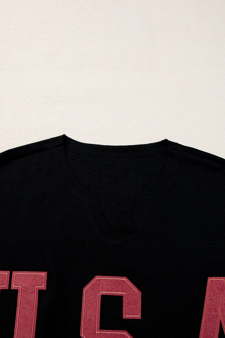 a black tshirt with red letters on it