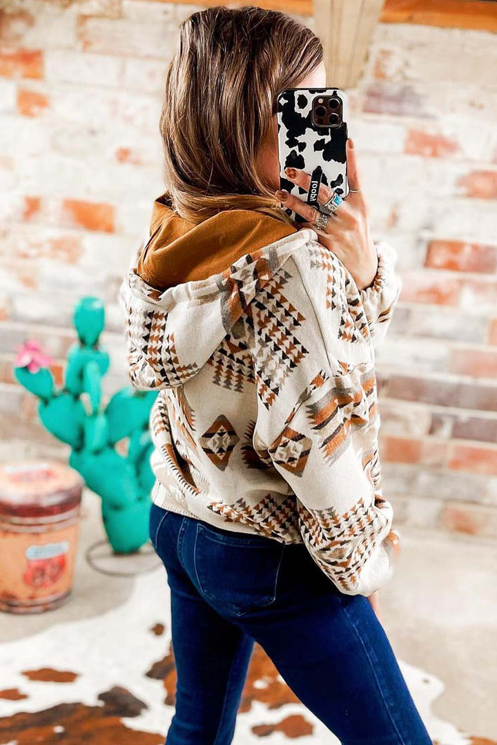 Beige Aztec Print Kangaroo Pocket Half-Zip Hoodie