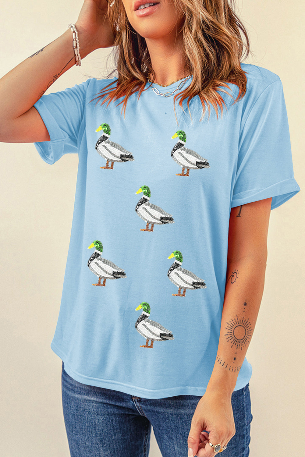Light Blue Mallard Duck Graphic Sequins Patch Casual Tee