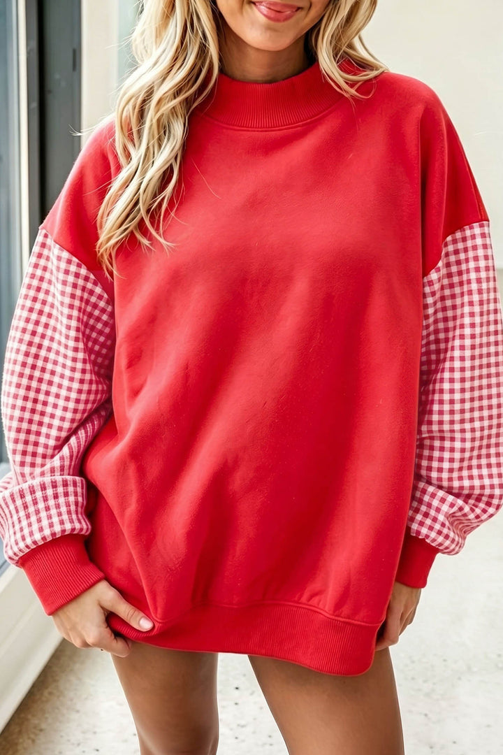Plaid Sleeve Color block Loose Tunic Sweatshirt