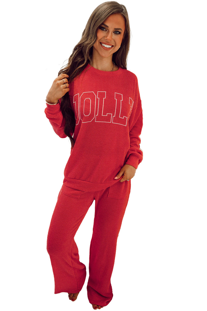 Fiery Red Crinkle Rib JOLLY Pattern Long Sleeve Top and Pockets Pants Set