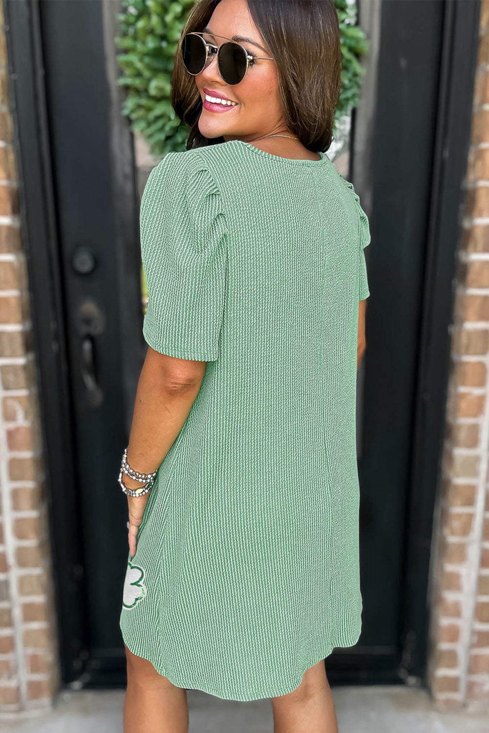 shop Mint Green Sequin Clover Graphic Puff Sleeve Corded T Shirt Dress at Faith & Co. Boutique shop Mint Green Sequin Clover Graphic Puff Sleeve Corded T Shirt Dress at Faith & Co. Boutique