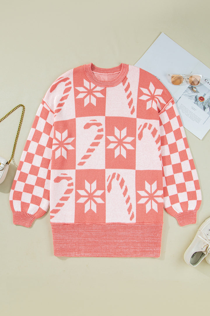 Pink Candycane Snowflake Checker Christmas Holiday Drop Shoulder Tunic Loose Sweater
