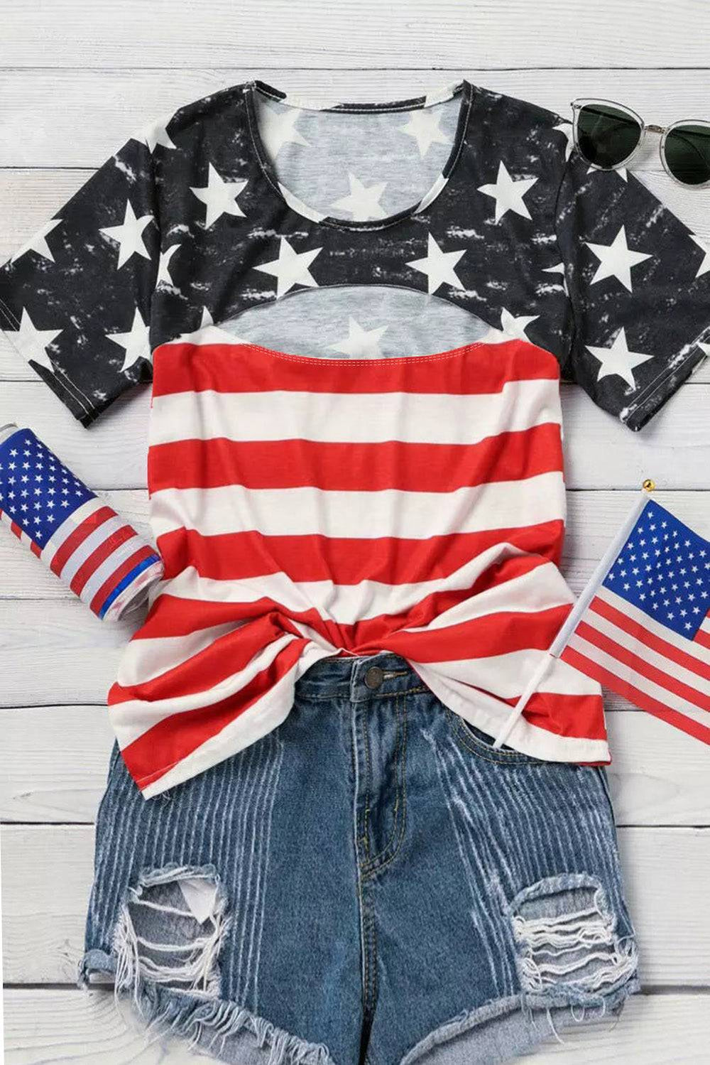 American Flag Cut Out Short Sleeve Crew Neck T Shirt -