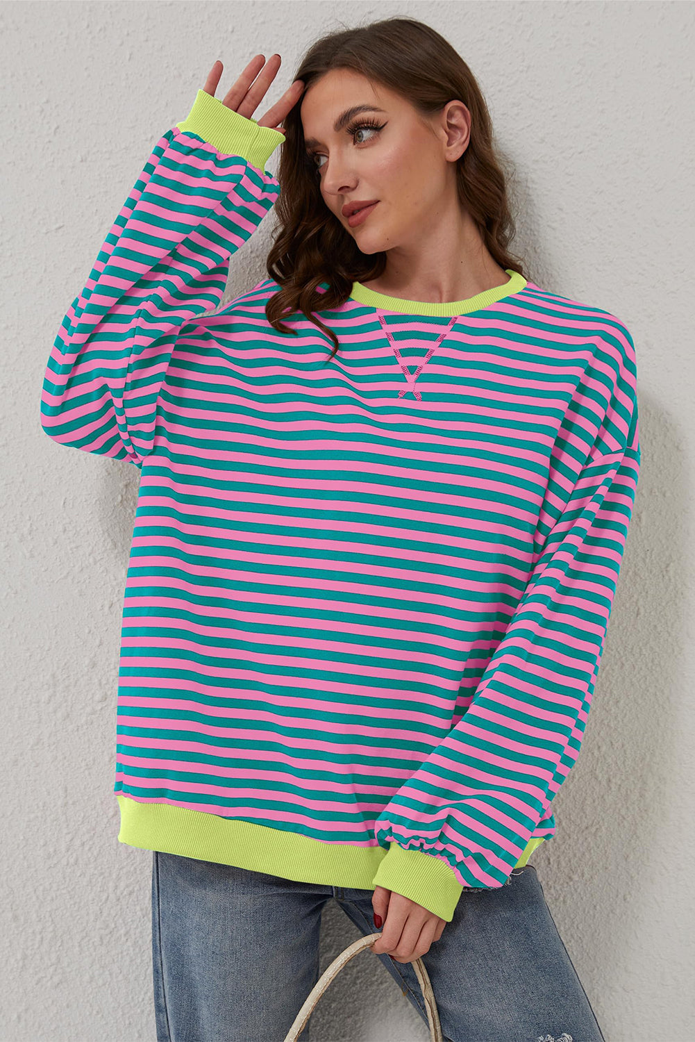 Stripe Oversized Contrast Trim Pullover Sweatshirt