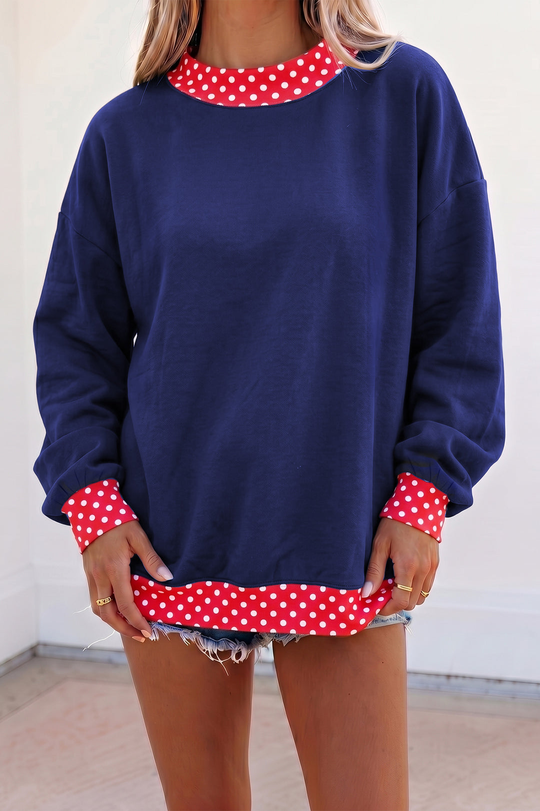 Color block Polka Dot Contrast Trim Oversized Sweatshirt