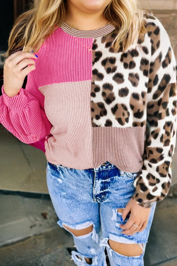 Rose Red Plus Size Twisted Ribbed Color Block Leopard Patchwork Long Sleeve Top