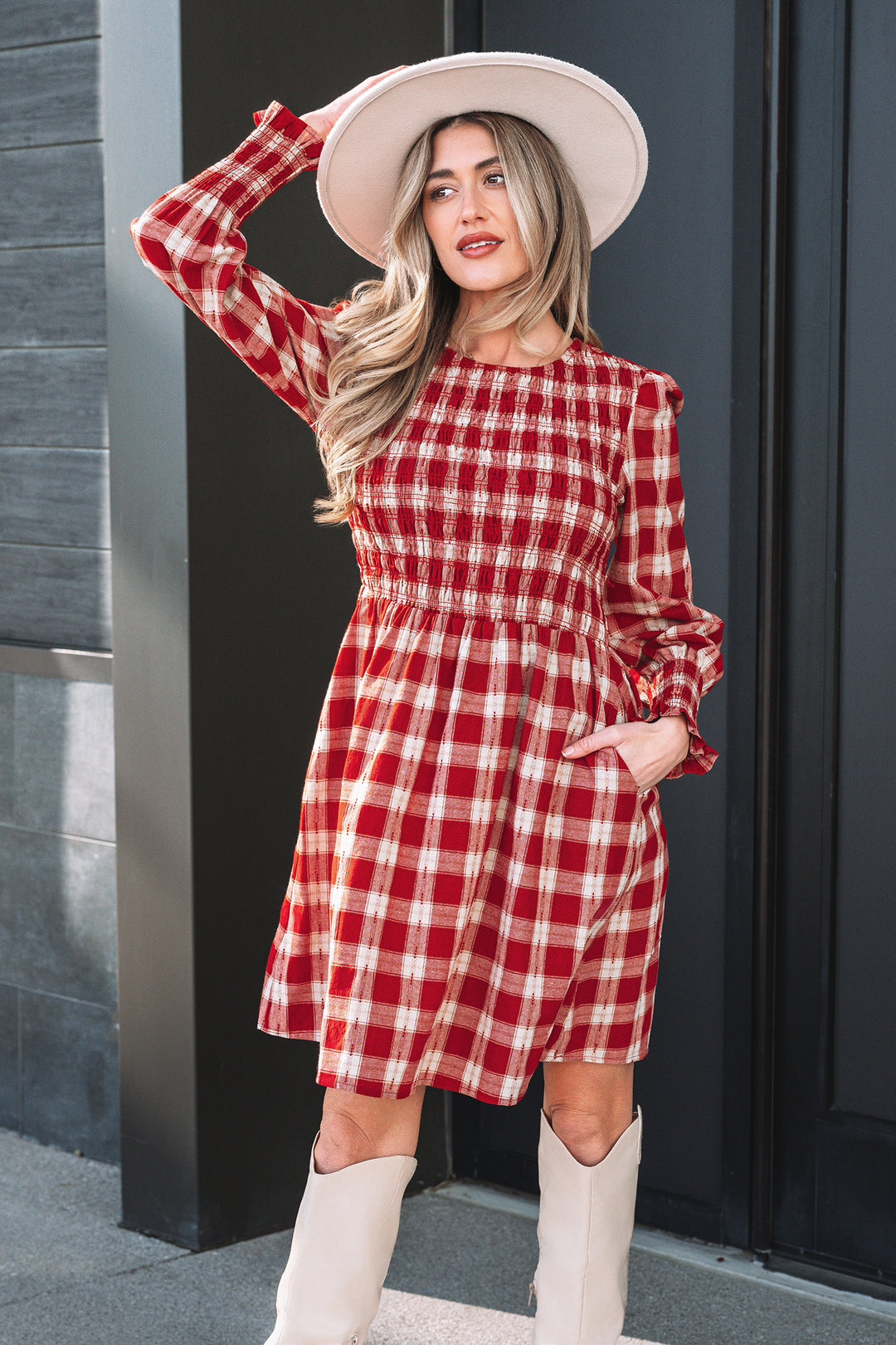 red plaid mini dress Evelyn Tiered M (12/16) / Red Fits true to size RED PLAID RUFFLE ACCENT HEM