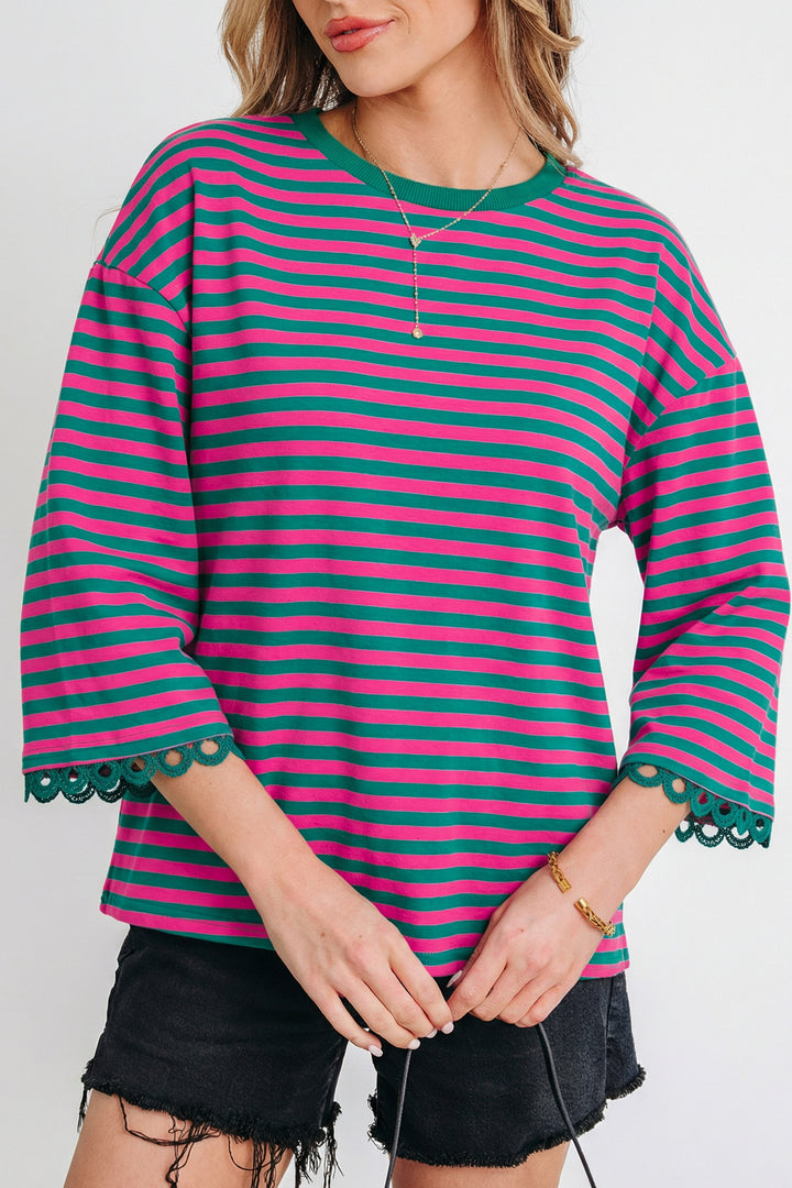 Racing Striped Print Drop Shoulder Lace Trim Bracelet Sleeve Loose Top