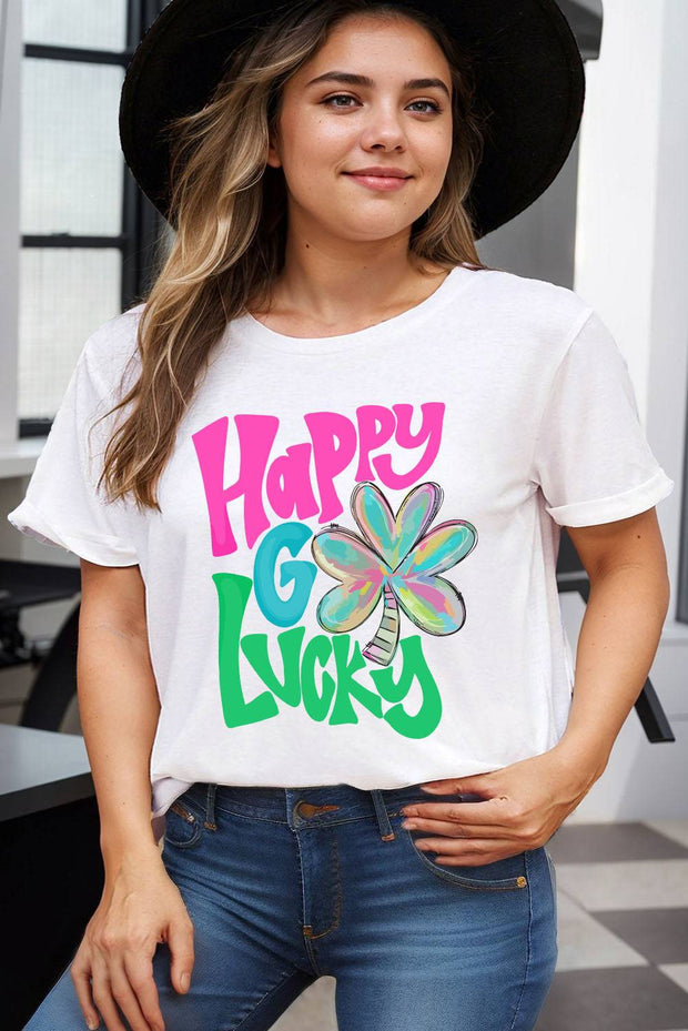 White Happy Go Lucky Letter Graphic Print Plus Size Tee -