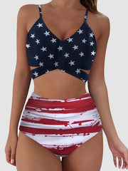a woman wearing a bikini top with an american flag design