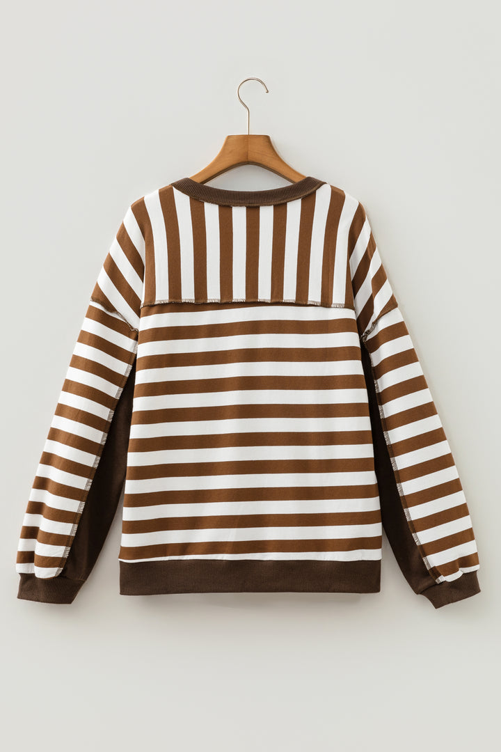 Brown Stripe Exposed Seam Color Block Patchwork Button Placket Sweatshirt