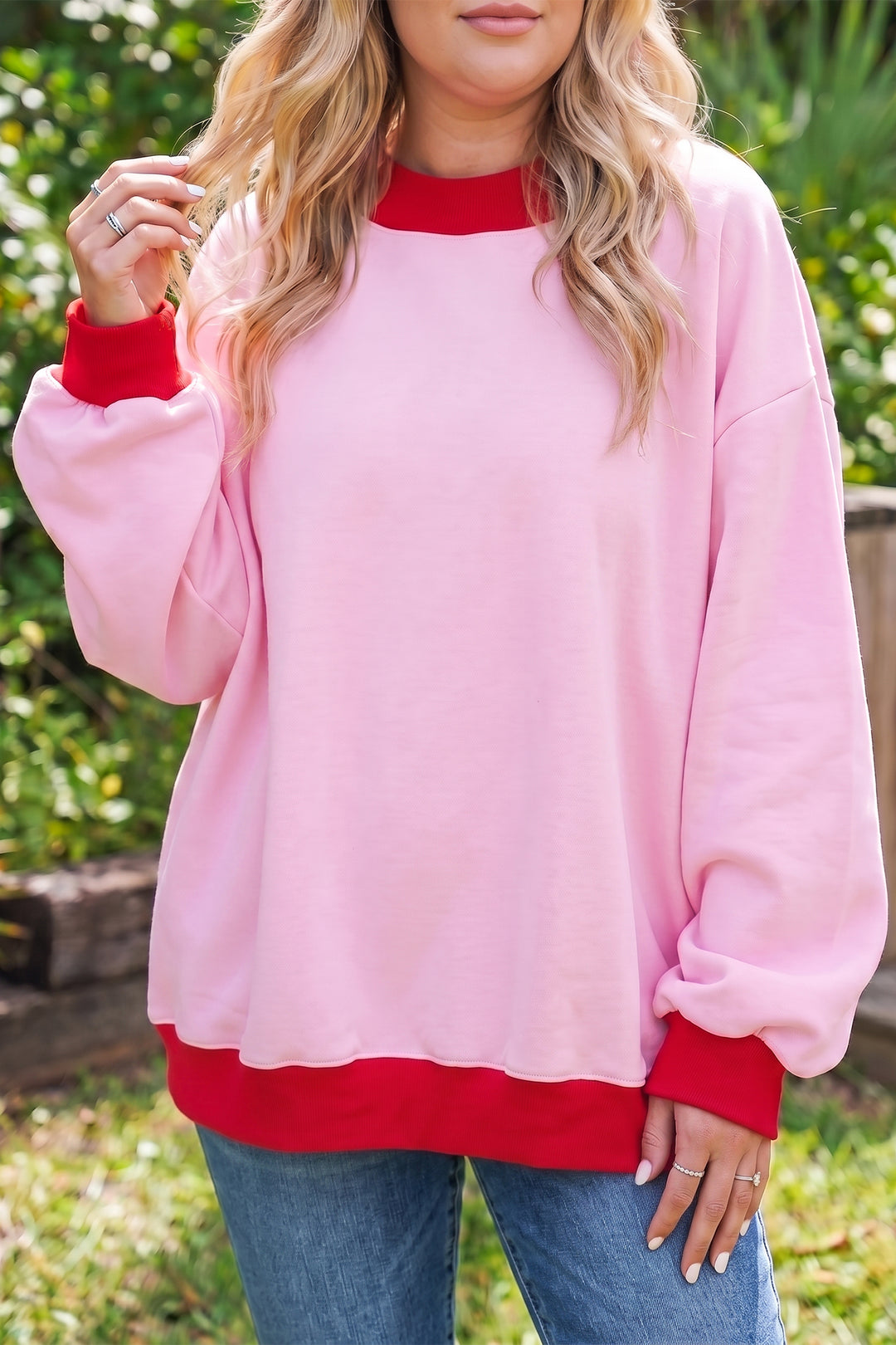Color Block Contrast Trim Plus Size Sweatshirt