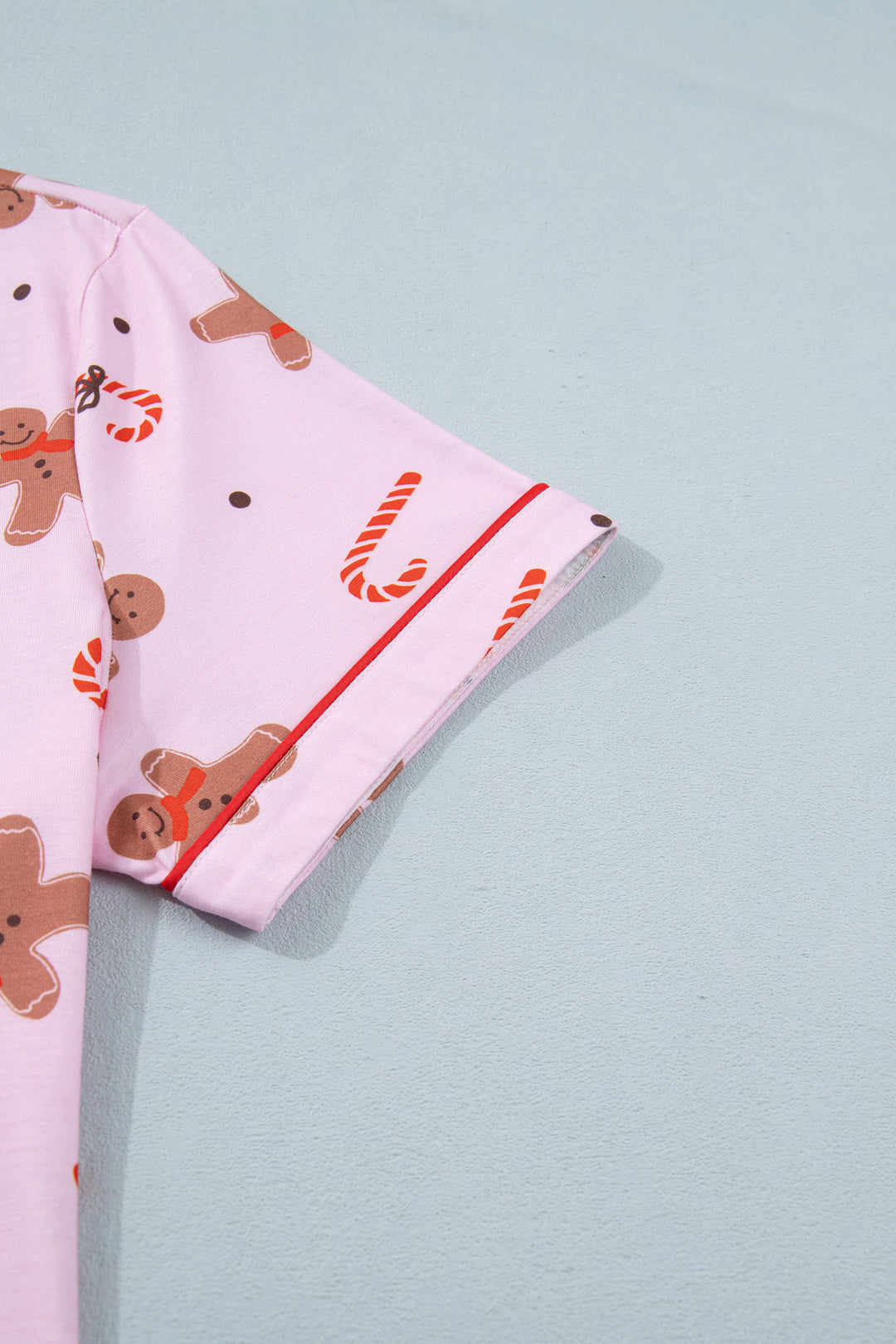Pink Short Sleeve Placket Shell Button Elastic Waist Lounge Set