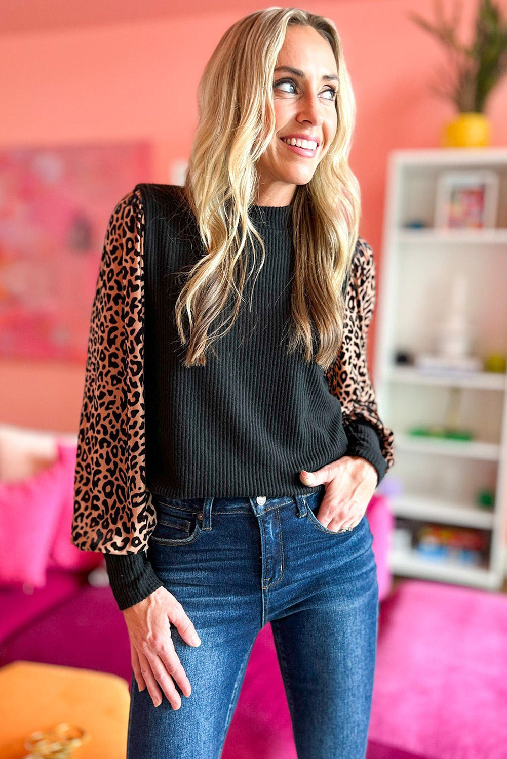 Leopard Print Long Sleeve Ribbed Knit Blouse