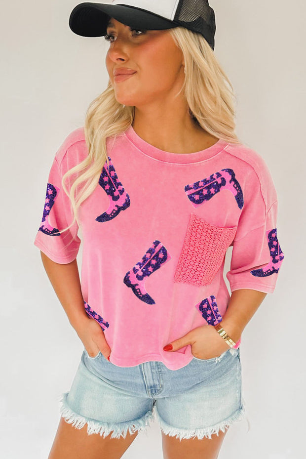 Pink Sequin Boots Graphic Crew Neck T Shirt