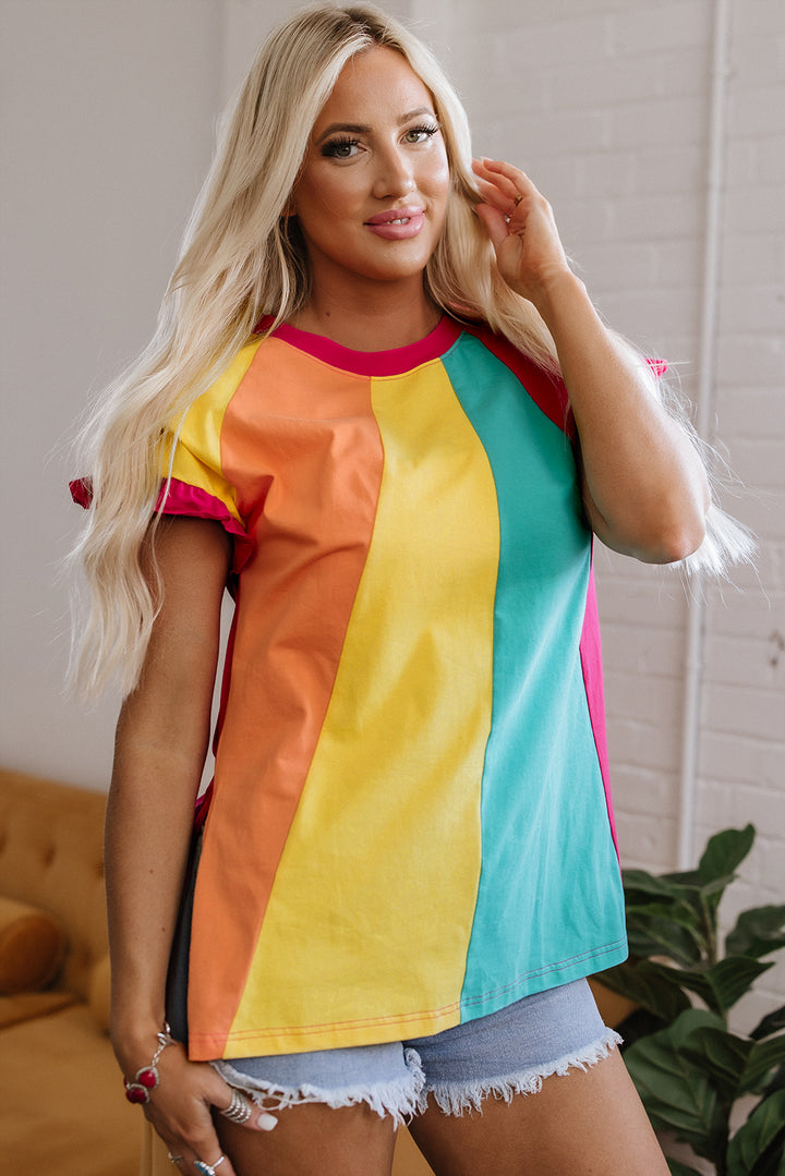 Rose Red Color Block Ruffled Crew Neck Loose Fit T Shirt