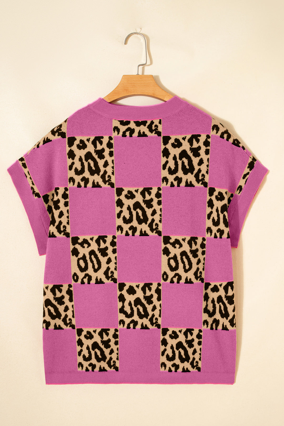 Leopard Checkerboard Short Sleeve Knit Sweater