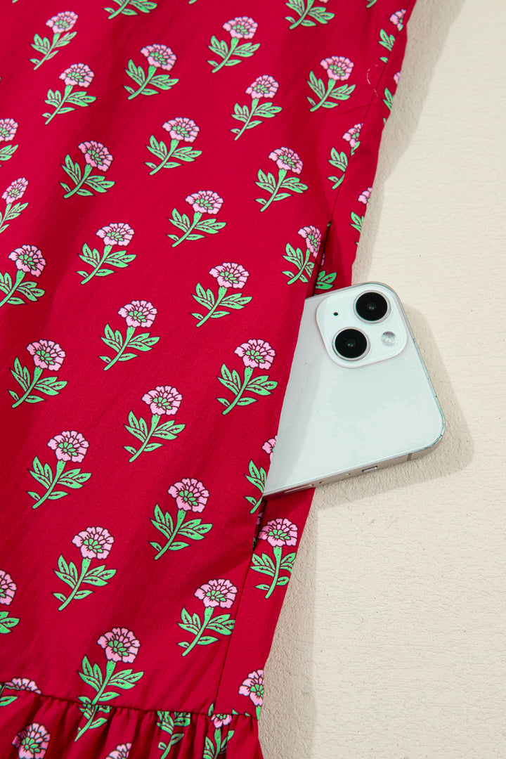 Red Floral Print Contrasted V Neck Short Bubble Sleeve Mini Dress