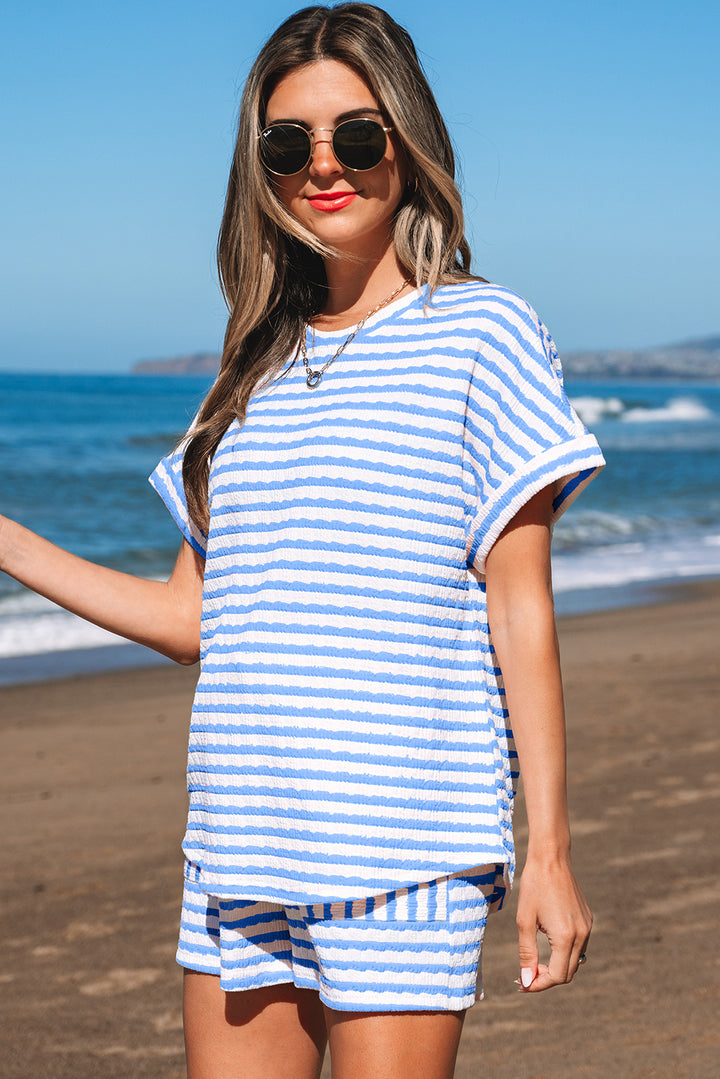 Stripe Knitted Short Sleeve Top and Drawstring Shorts Set