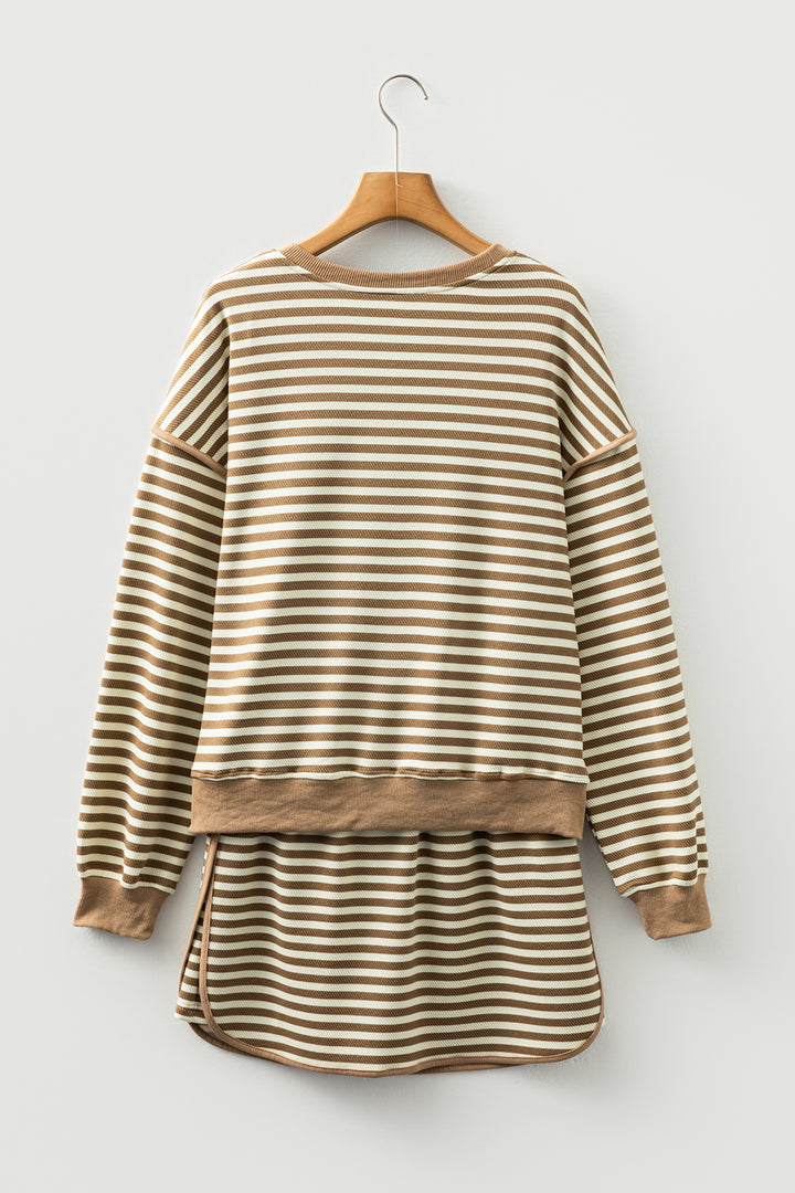 Brown Stripe Textured Drop Shoulder Pullover Top Drawstring Mini Skirt Two Piece Dress Set