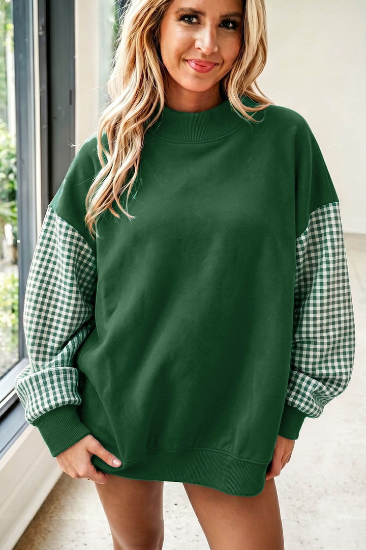 Plaid Sleeve Color block Loose Tunic Sweatshirt