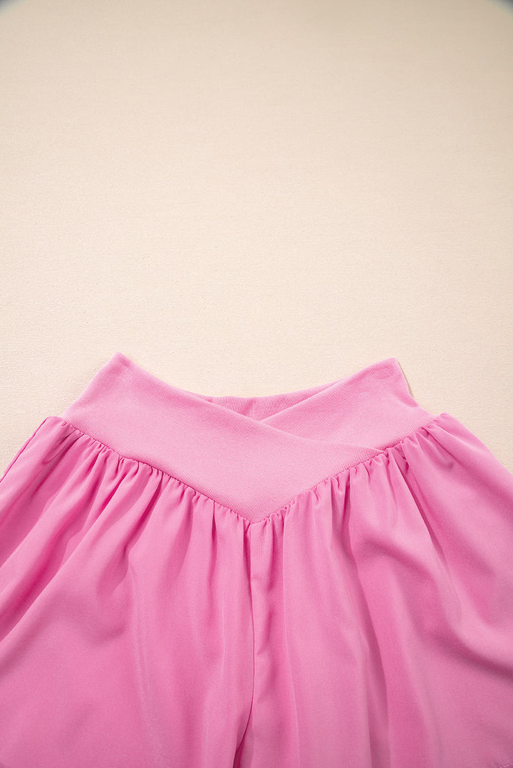 Bright Pink Crossed Waist Tiered Flowy Shorts