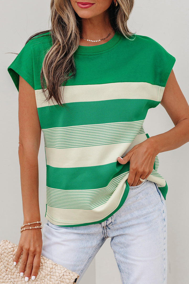 Stripe Mixed Print Crew Neck Cap Sleeve T Shirt