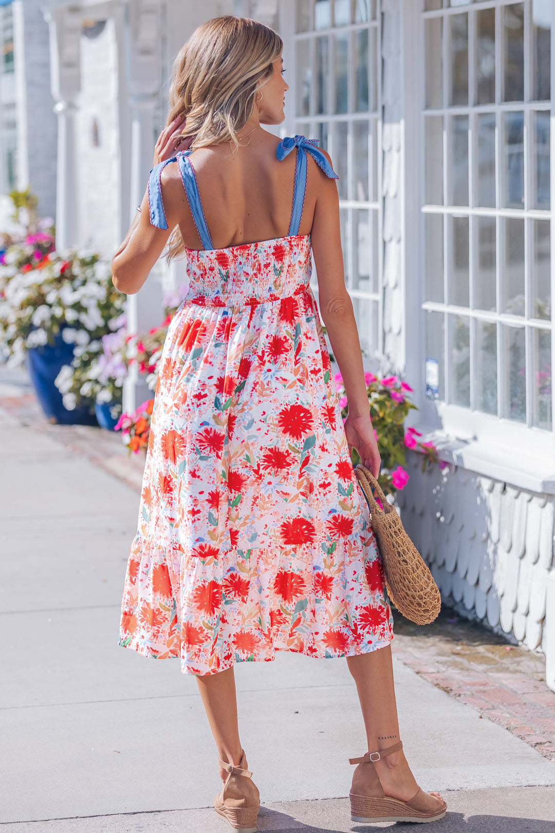 Floral Print Contrast Stitched Knot Denim Straps High Waist Dress