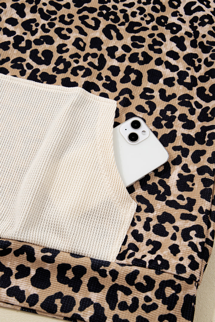 Leopard Print Waffle Contrast Kangaroo Pocket Hooded Sweatshirt