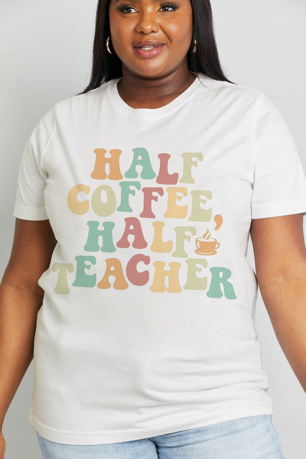 a woman wearing a white shirt that says half coffee half teacher