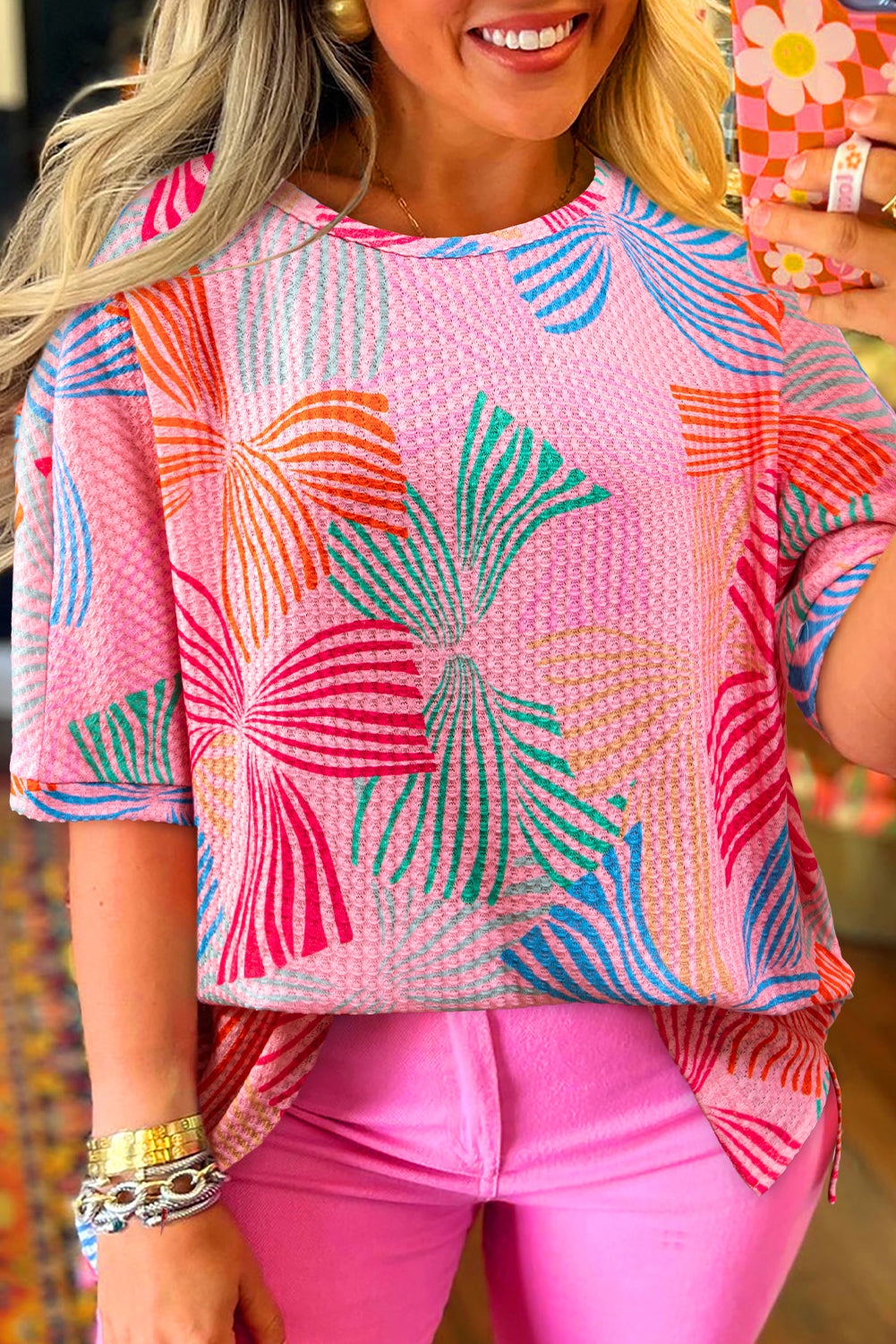 Bowknot Printed Waffle Crewneck Loose Short Sleeve Top