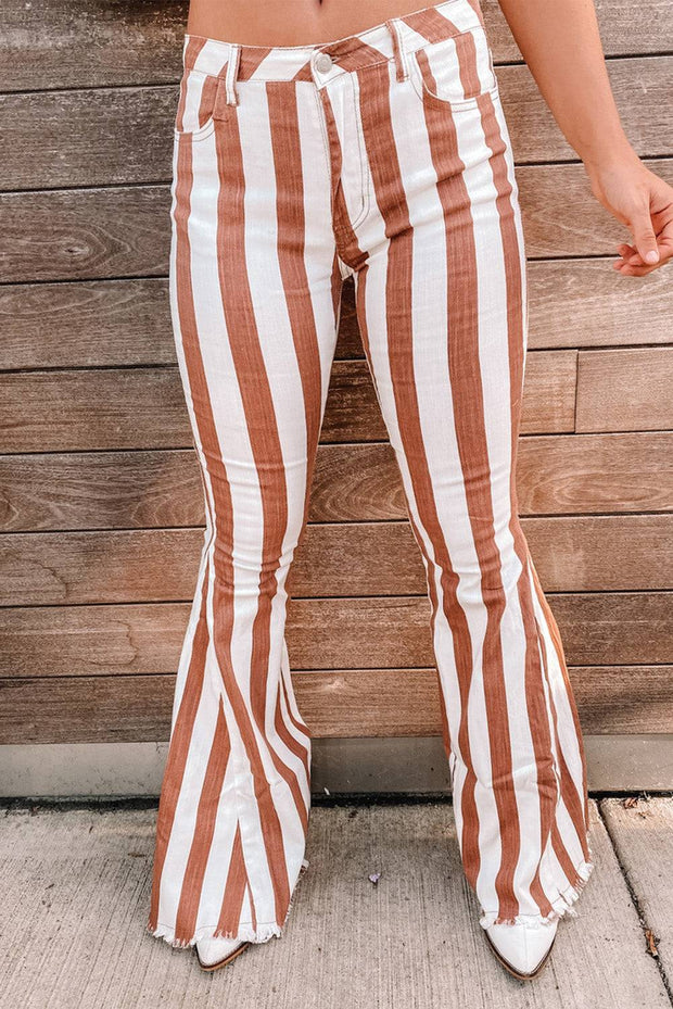 Brown Striped Fringe Bell Bottom Denim Pants - Brown / 4 / 95%Cotton+5%Elastane