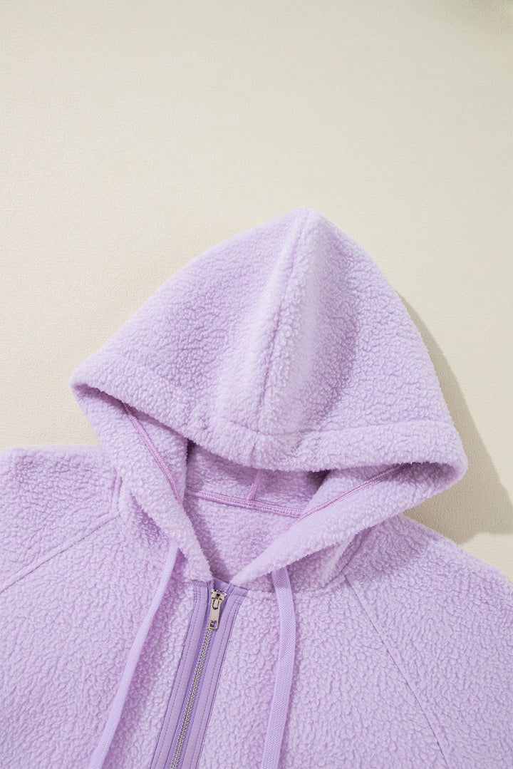 Lavender Zipped Patch Pocket Fuzzy Drawstring Hoodie