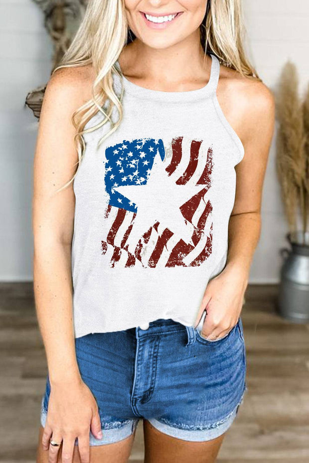 a woman wearing a tank top with the american flag on it