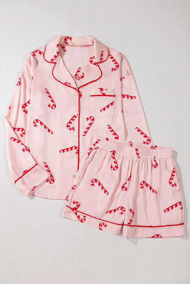 Pink Christmas Candy Cane Print Shirt and Shorts Pajama Set